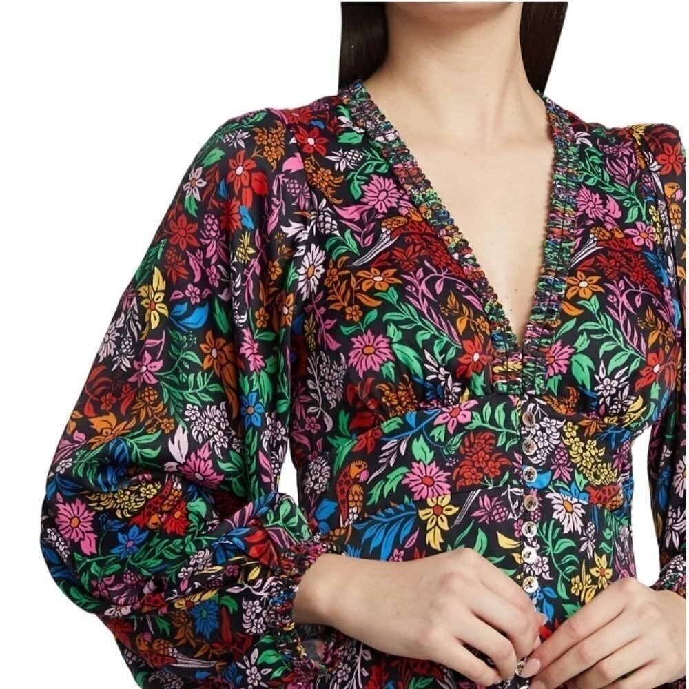Farm Rio Black Mixed Prints Floral Birds Midi Dress V-Neck Balloon Sleeve Size L - Picture 16 of 16